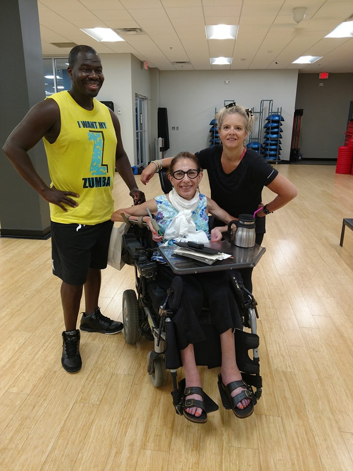 Sheri at Zumba class with great instructor Wendy and guest instructor; a power workout, 8-19.