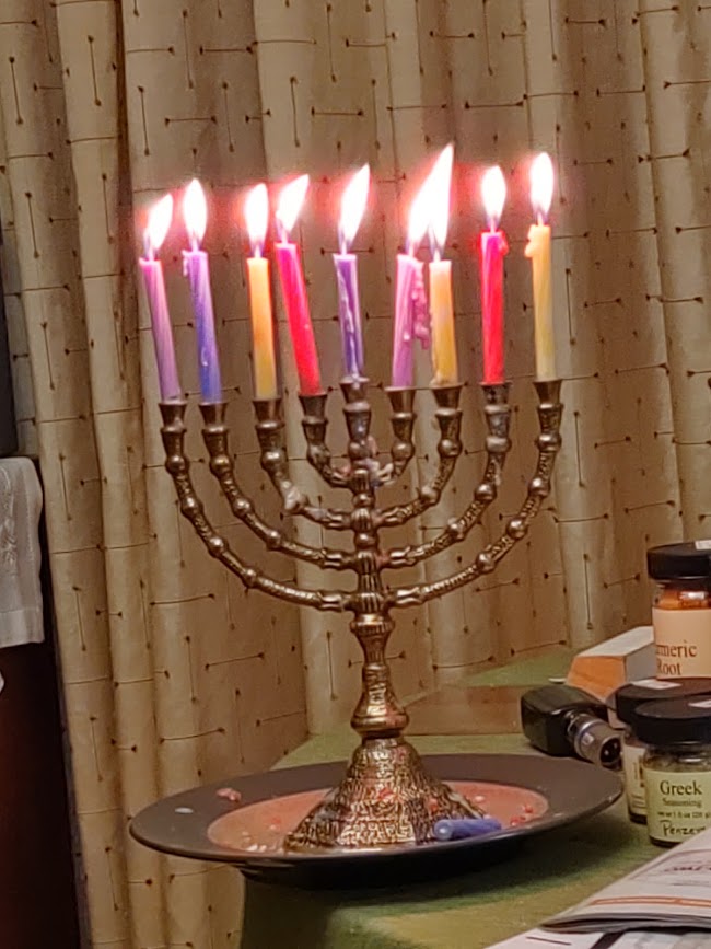 Fully lit menorah, Hanukkah 2019, 12-19.