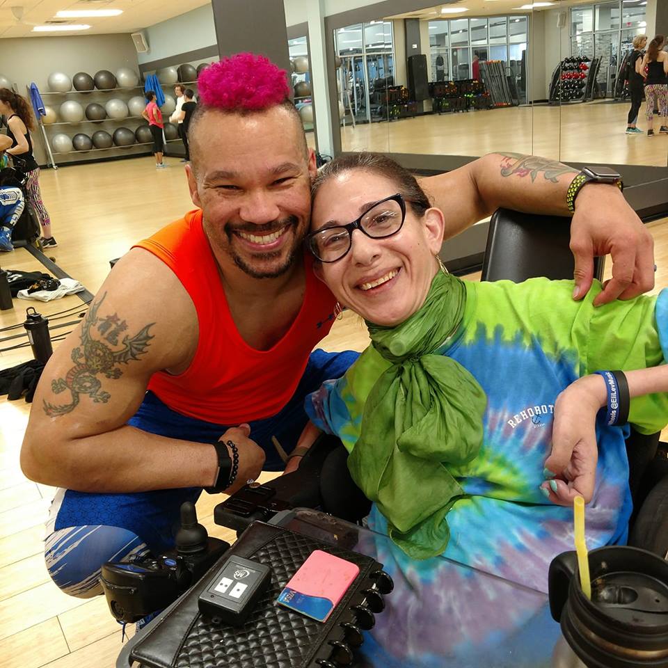 Sheri with her favorite Zumba instructor Jay, at his next-to-last class. He is a fabulous instructor and everyone in the class will miss him, 4-19.