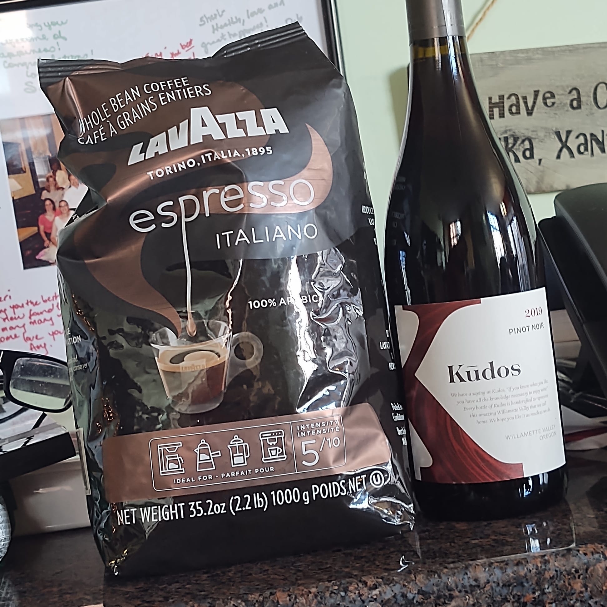 Perfect Christmas gift from friends who know us well: espresso and wine, 12-21.