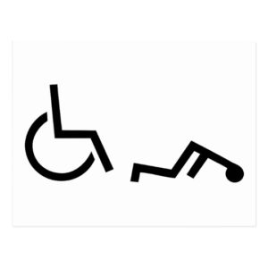 The handicapped symbol with the figure on the ground in front of the wheelchair.