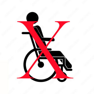 A drawing of a person sitting in a wheelchaijr with a red X through it.