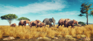 A herd of elephants where one elephant has zebra skin (black and white stripes).