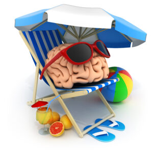 Drawing of a human brain with sunglasses on relaxing in a beach chair.