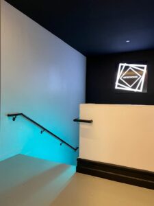 A photo of the stairs that were required to be used to view the exhibit at Artechouse.
