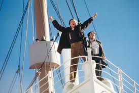 Leonardo DiCaprio on the bow of the Titanic with his arms raised yelling, "I'm the king of the world!"