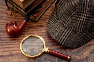 Fictional detective equipment, including a pipe, a hat, a magnifying glass, and some books.