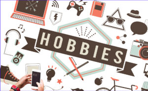 Graphic that says "hobbies" and has pictures of various ones.