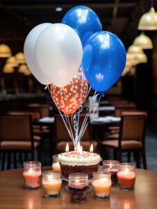 Birthday balloons and a cake on a table in a bar.