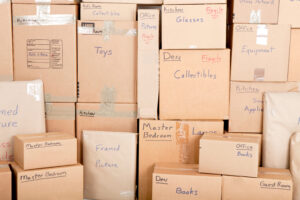 Stacks of labeled moving boxes,