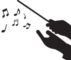 A black and white drawing of a conductor baton directing a concert.