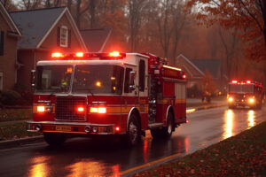 Firetruck with lights flashing.