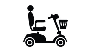 Black and white drawing of a mobility scooter for a person with a disability.